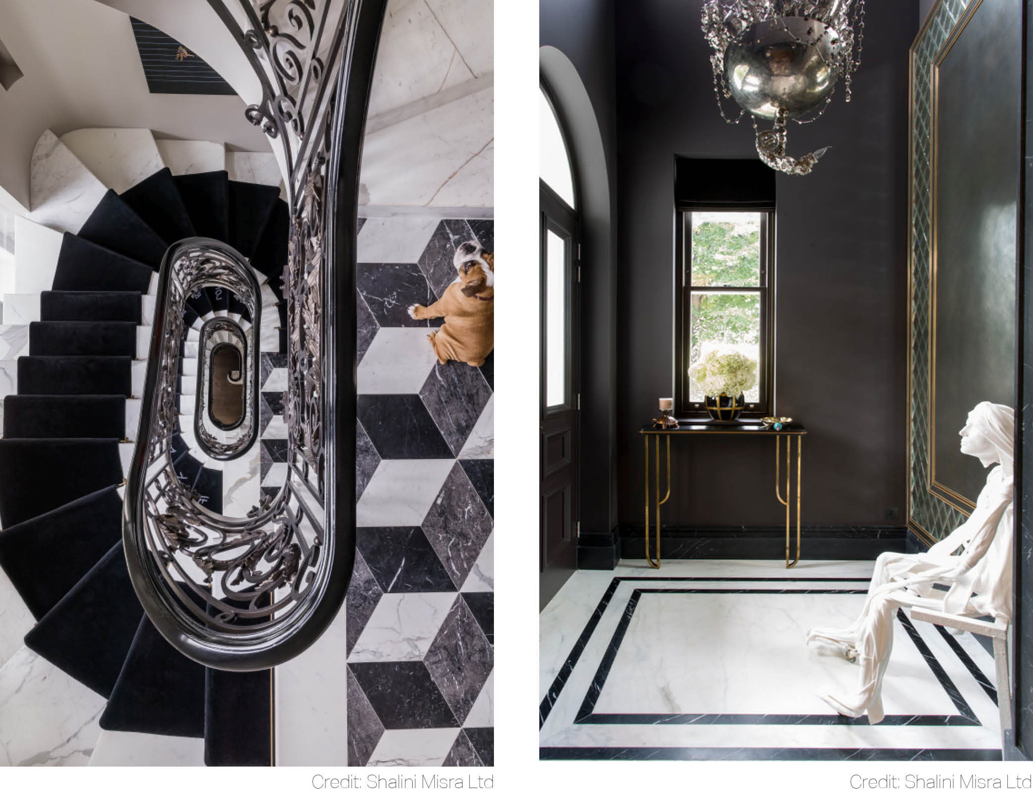 mirror geometric precision of marble floor tiles softened voluptuous curves spiral staircase