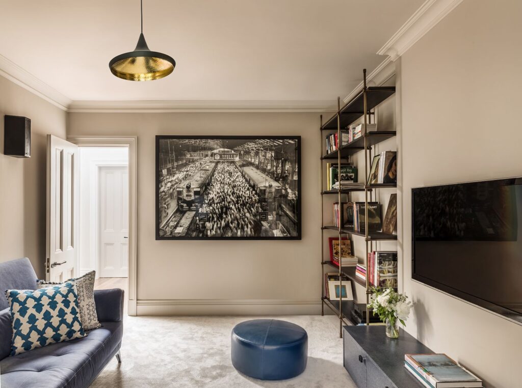 living room with blue pouffe