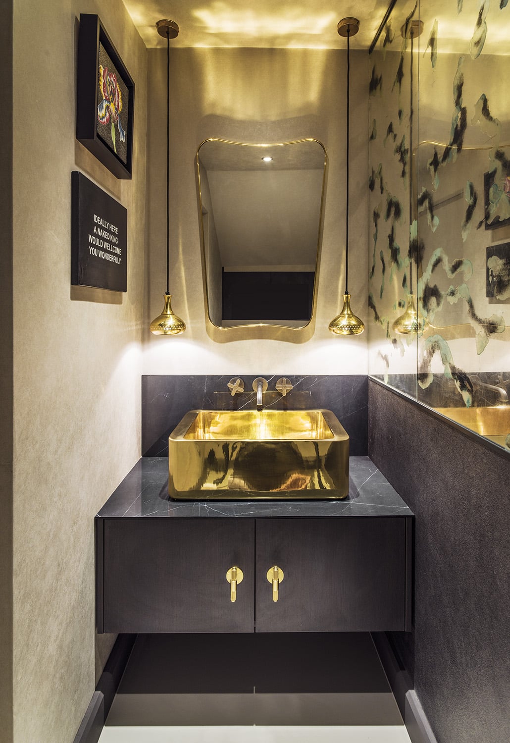 gold basin in powder room