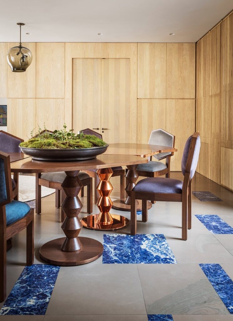 bright blue color marble floor in dining room