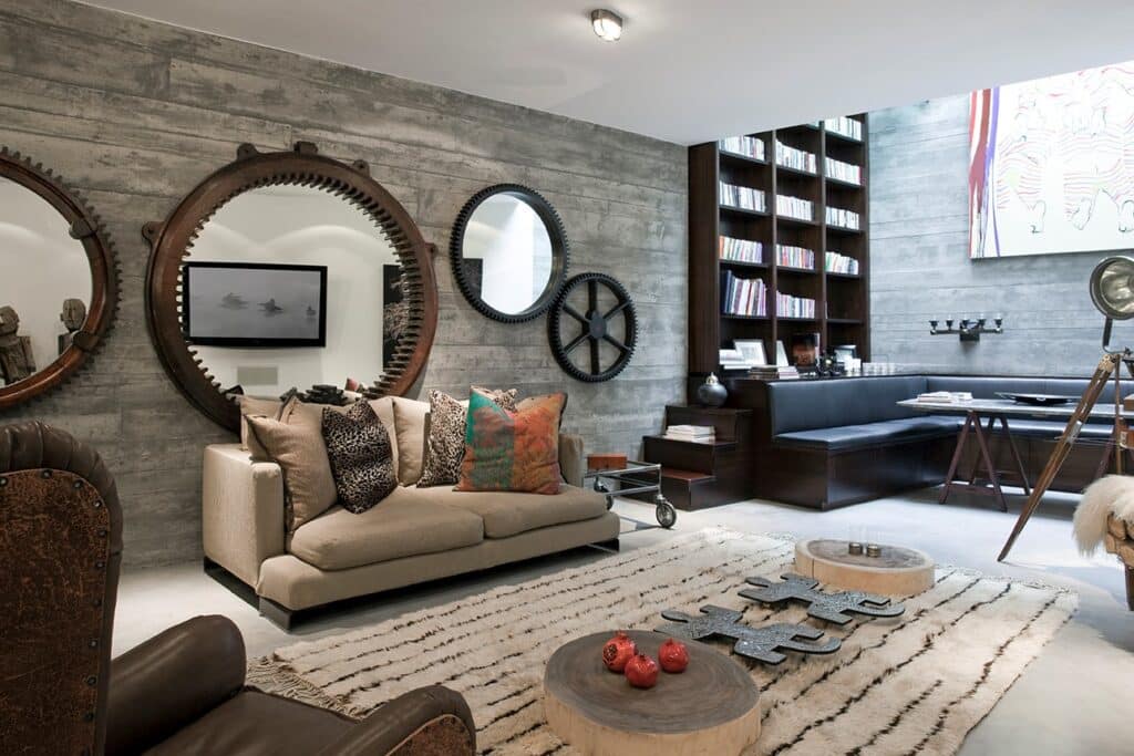 living room with mixed metal finishes